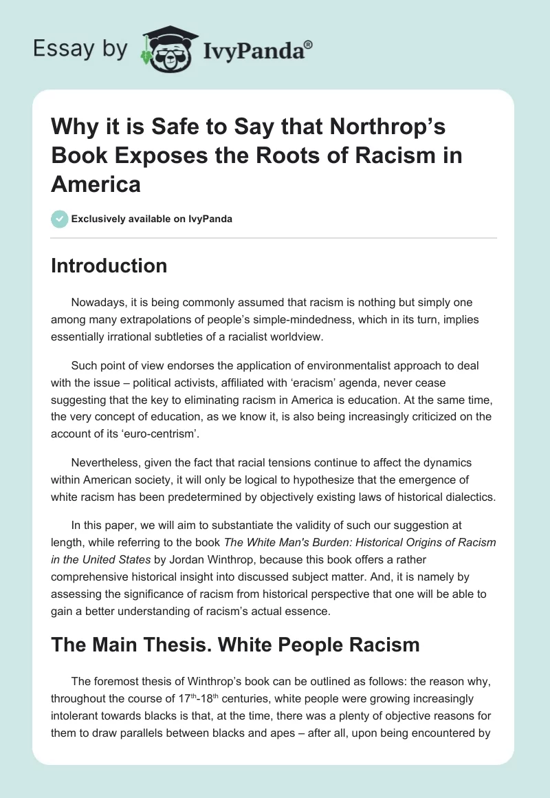 Why it is Safe to Say that Northrop’s Book Exposes the Roots of Racism in America. Page 1