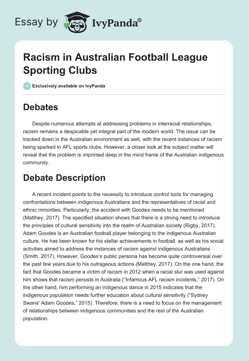 Racism in Australian Football League Sporting Clubs. Page 1