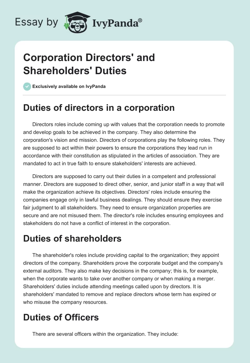 Corporation Directors' and Shareholders' Duties. Page 1