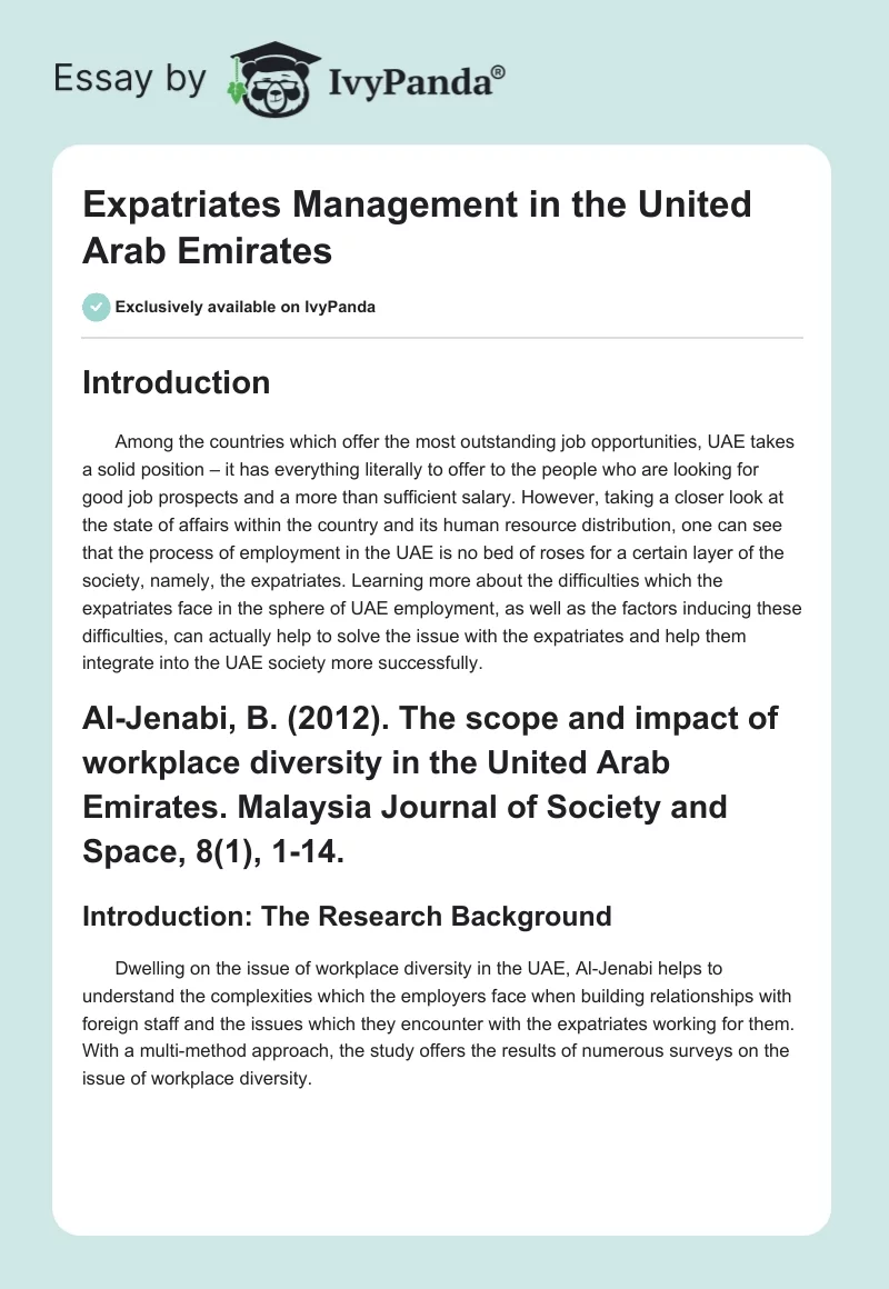 Expatriates Management in the United Arab Emirates. Page 1