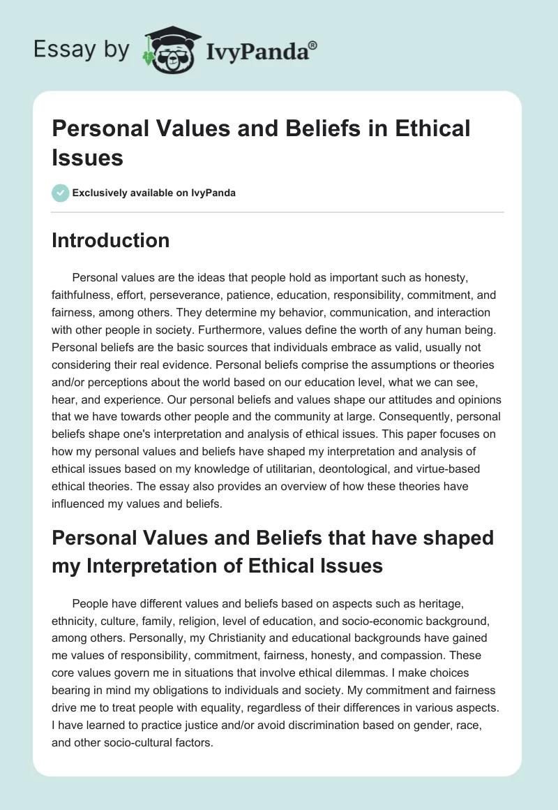 Personal Values and Beliefs in Ethical Issues. Page 1