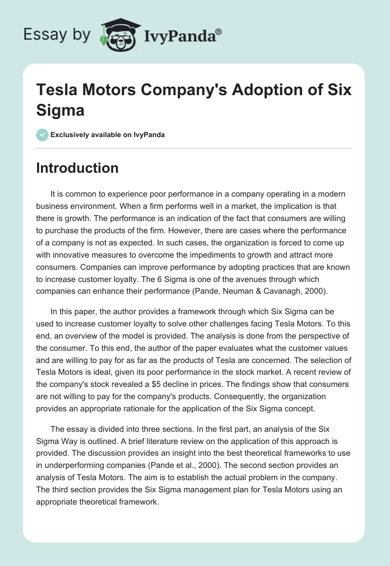 Tesla Motors Company's Adoption of Six Sigma. Page 1