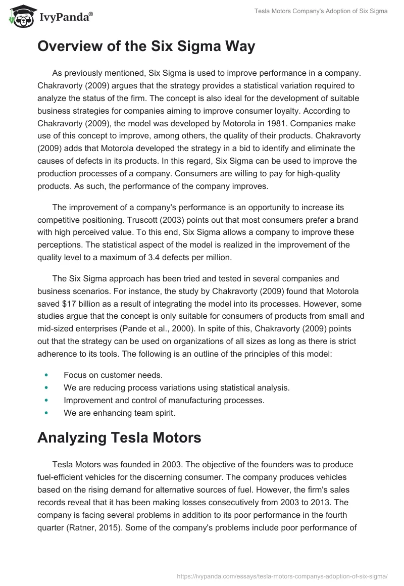 Tesla Motors Company's Adoption of Six Sigma. Page 2