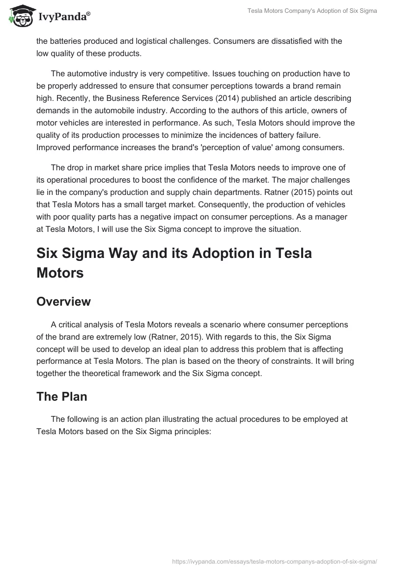 Tesla Motors Company's Adoption of Six Sigma. Page 3