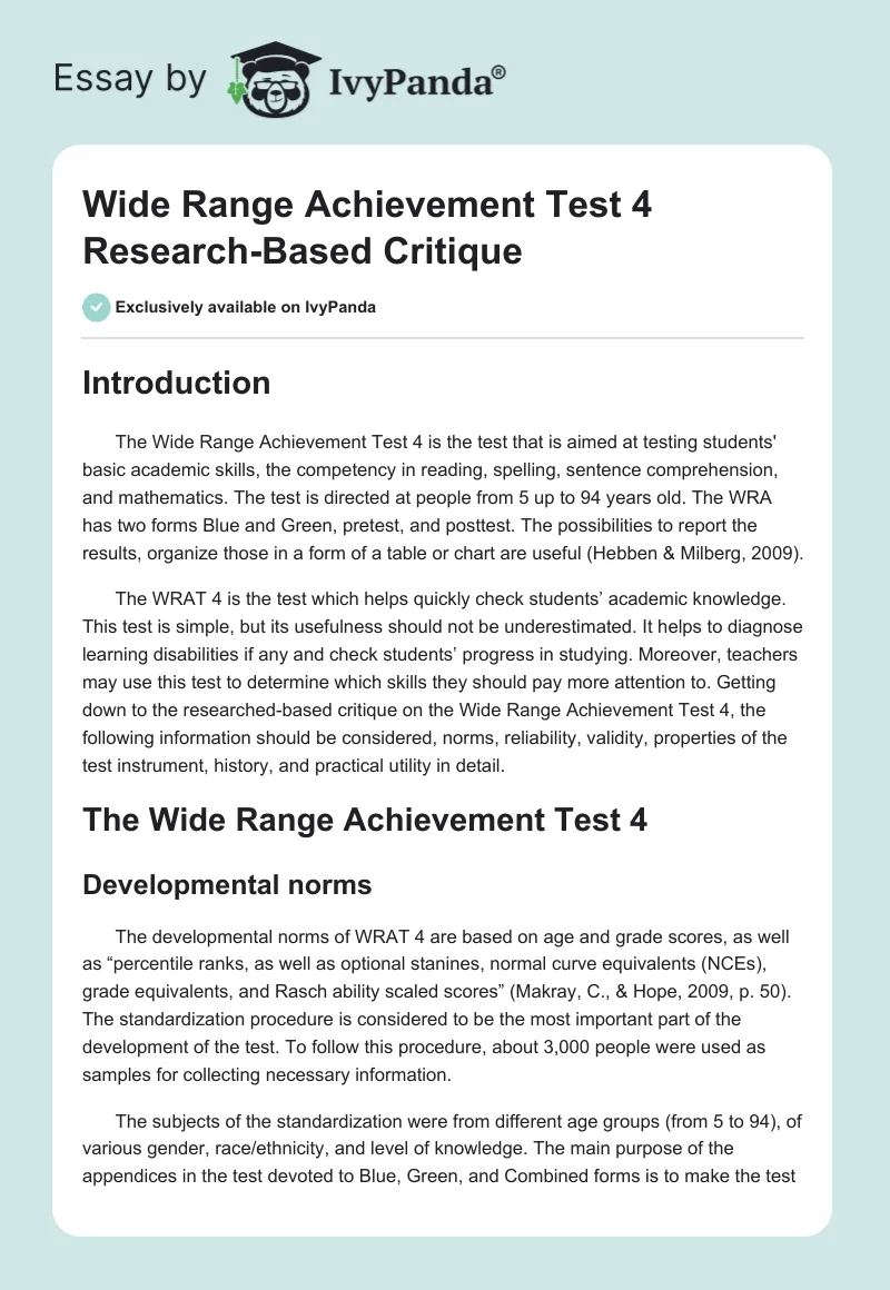 Wide Range Achievement Test 4 Research-Based Critique. Page 1