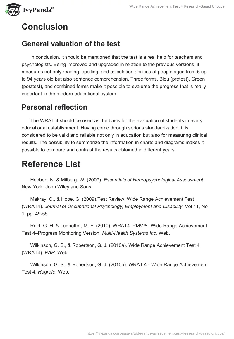 Wide Range Achievement Test 4 Research-Based Critique. Page 4