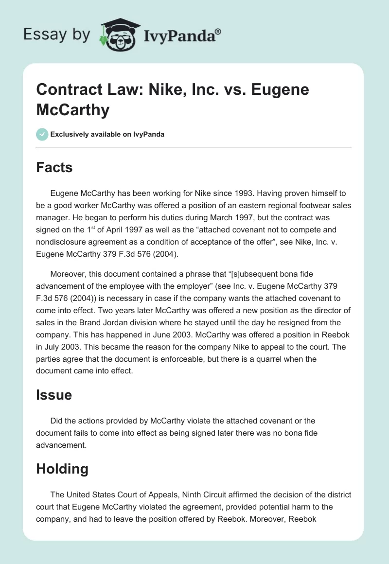 Contract Law: Nike, Inc. vs. Eugene McCarthy. Page 1