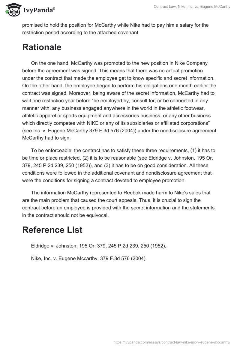 Contract Law: Nike, Inc. vs. Eugene McCarthy. Page 2