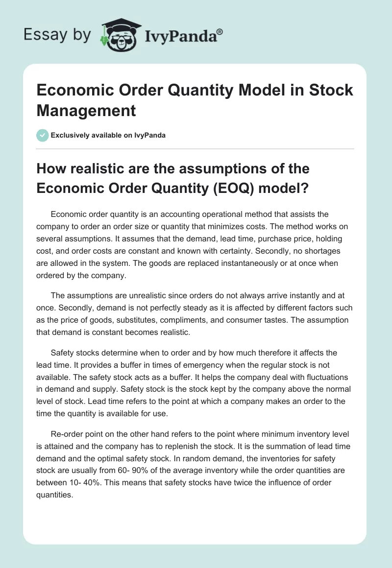 Economic Order Quantity Model in Stock Management. Page 1