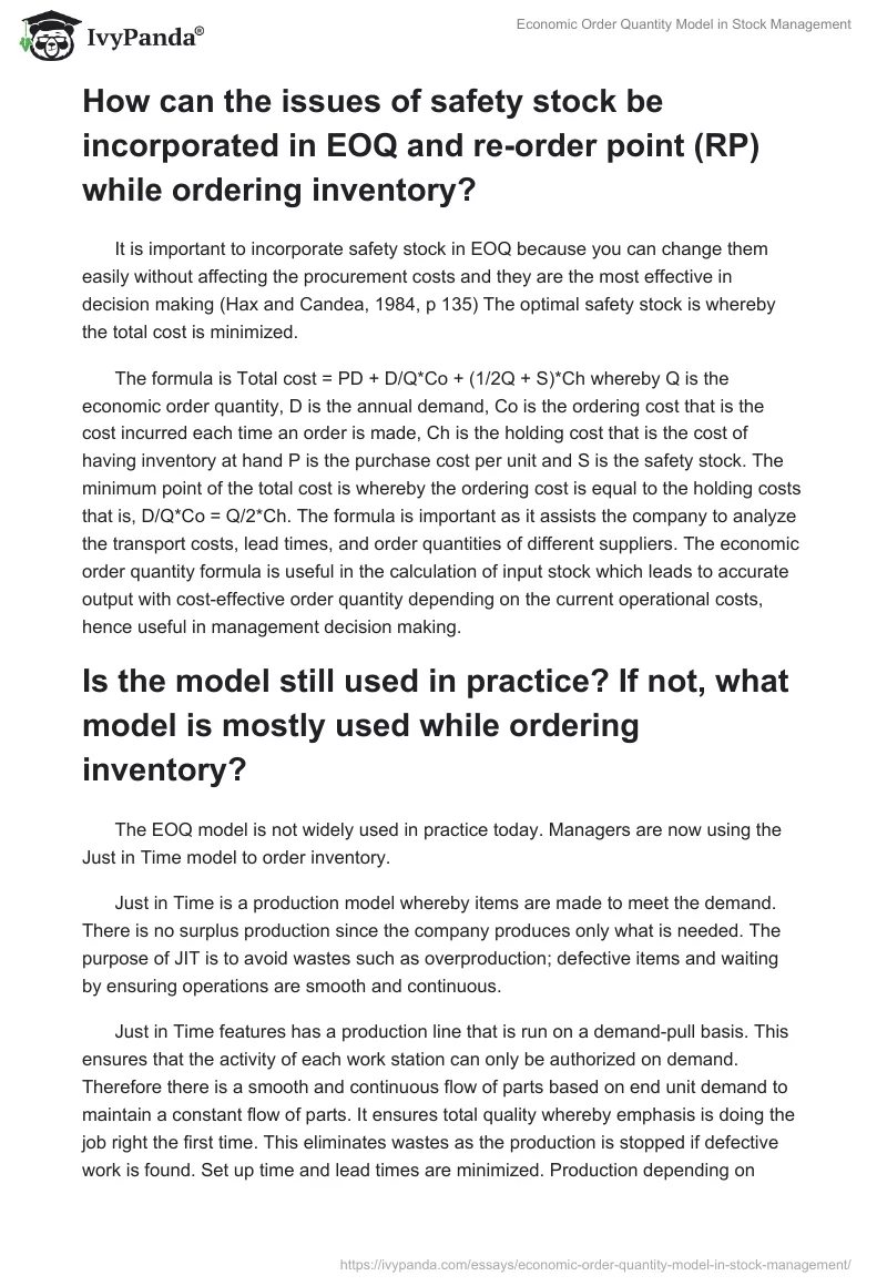 Economic Order Quantity Model in Stock Management. Page 2