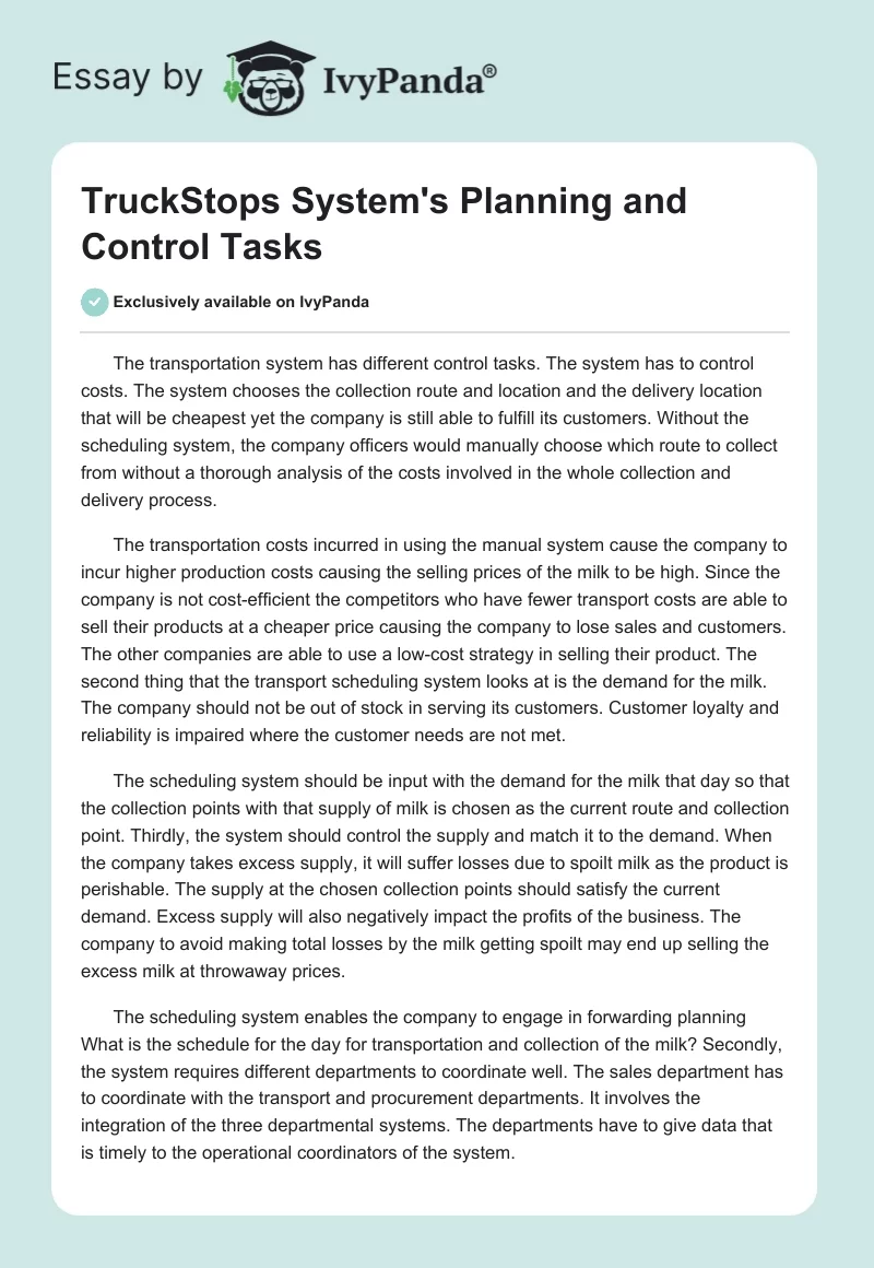 TruckStops System's Planning and Control Tasks. Page 1