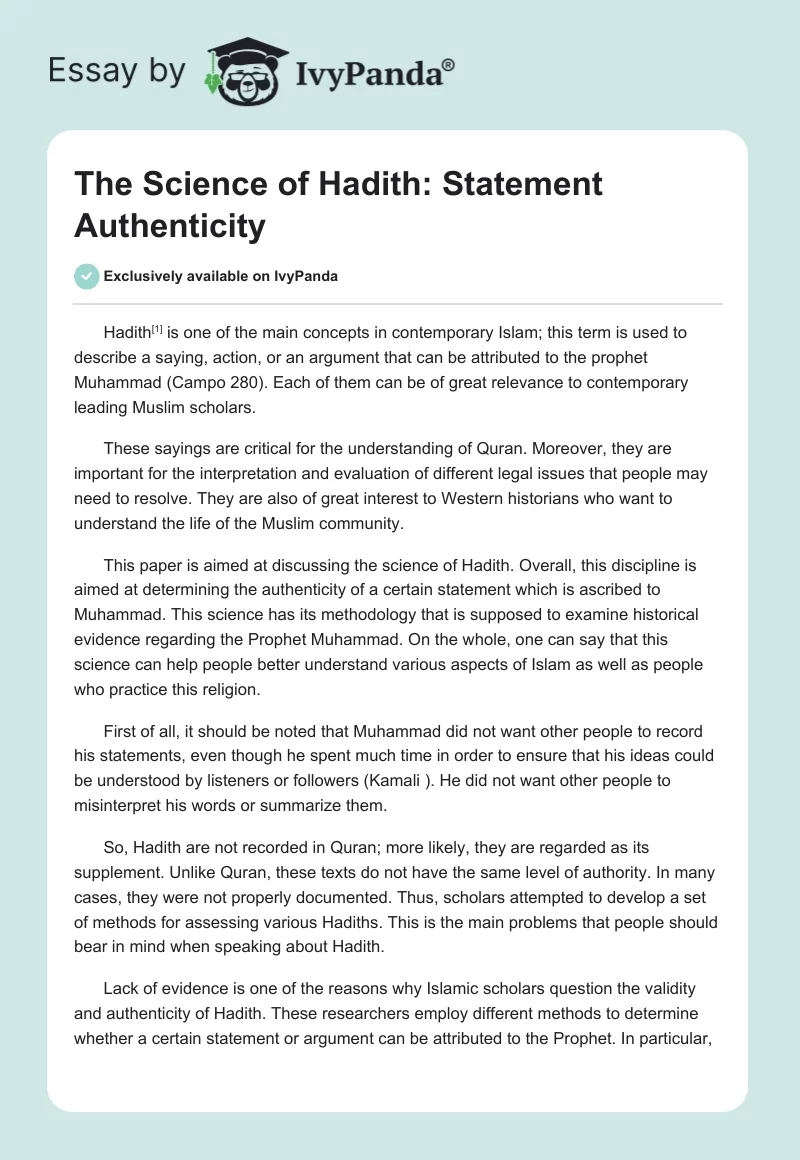 The Science of Hadith: Statement Authenticity. Page 1