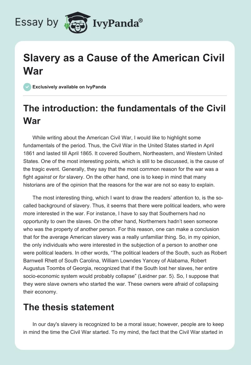 Slavery as a Cause of the American Civil War. Page 1