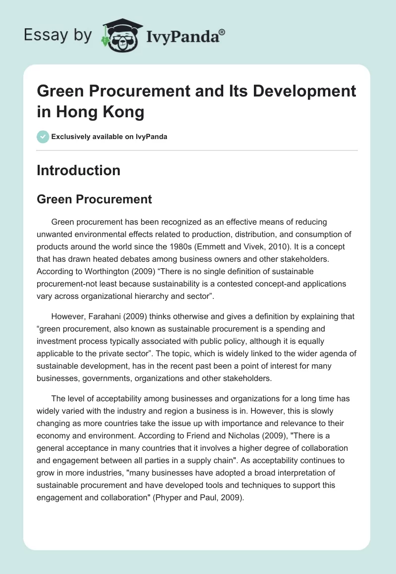 Green Procurement and Its Development in Hong Kong. Page 1