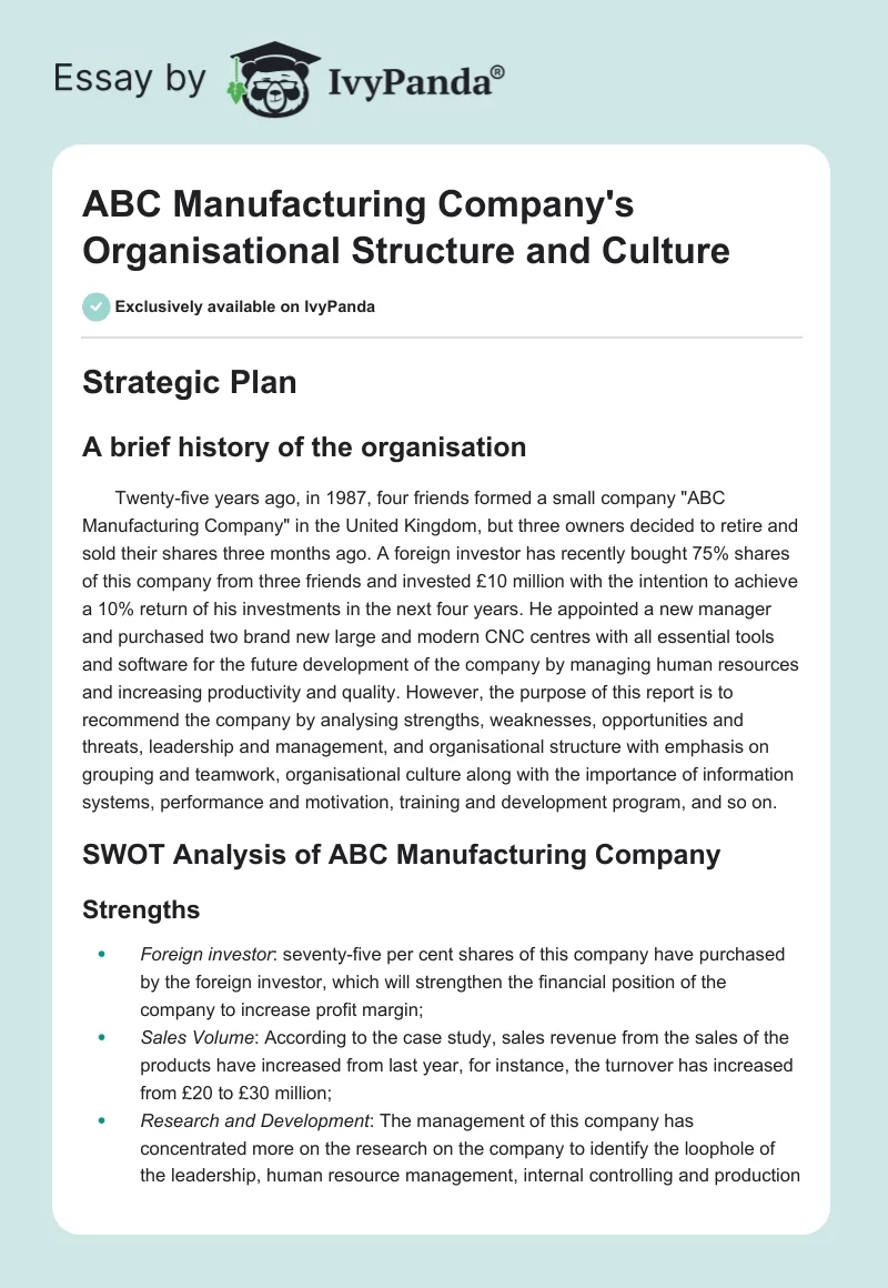 ABC Manufacturing Company's Organisational Structure and Culture. Page 1
