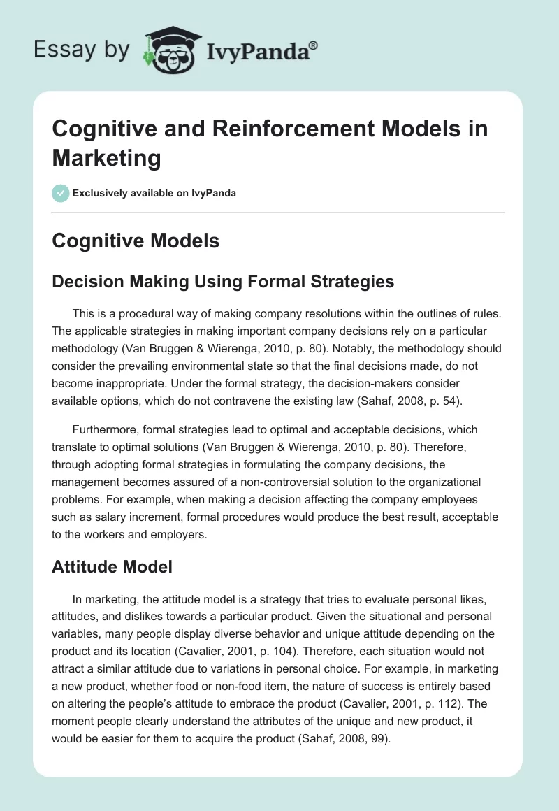 Cognitive and Reinforcement Models in Marketing. Page 1