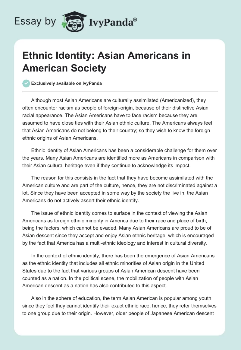 Ethnic Identity: Asian Americans in American Society. Page 1