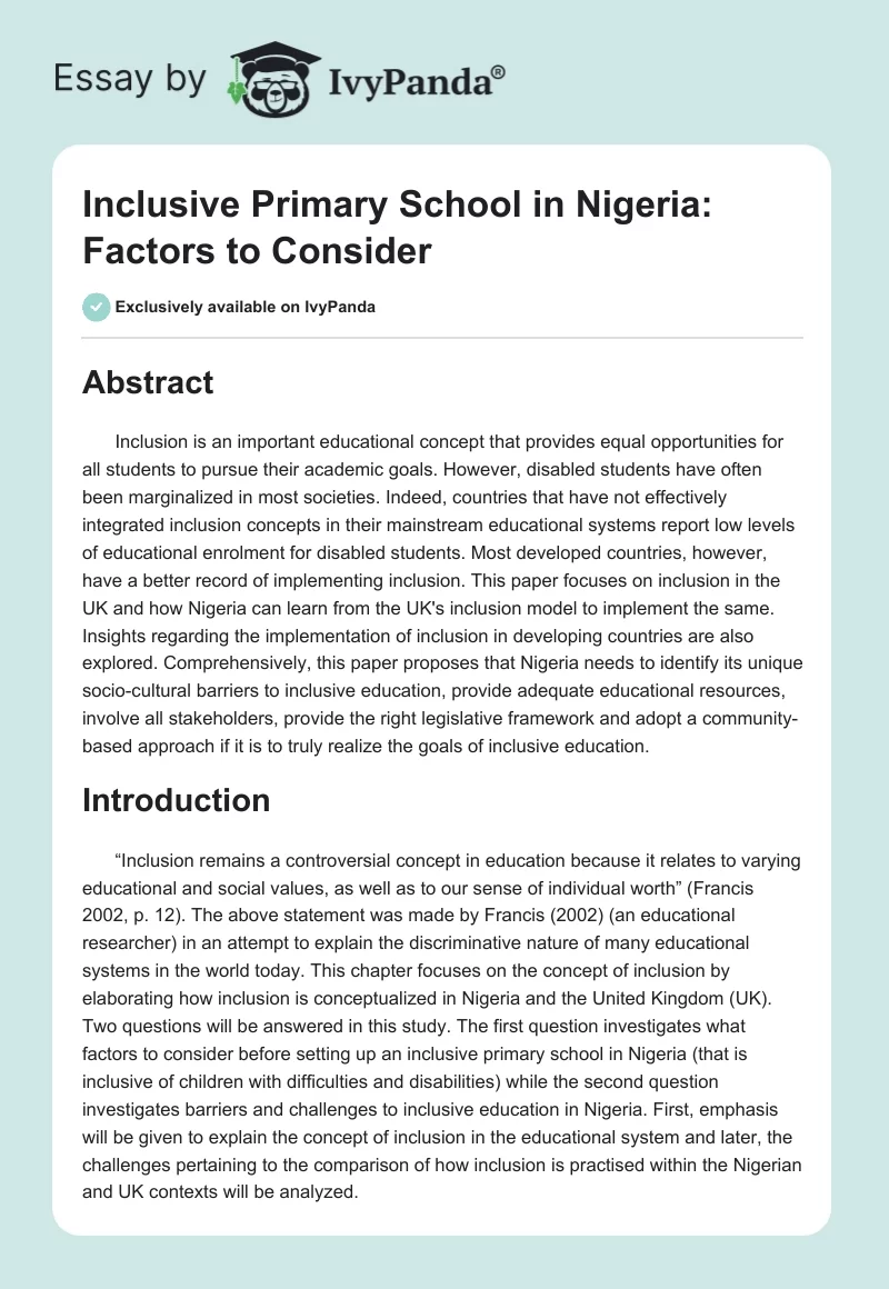 Inclusive Primary School in Nigeria: Factors to Consider. Page 1