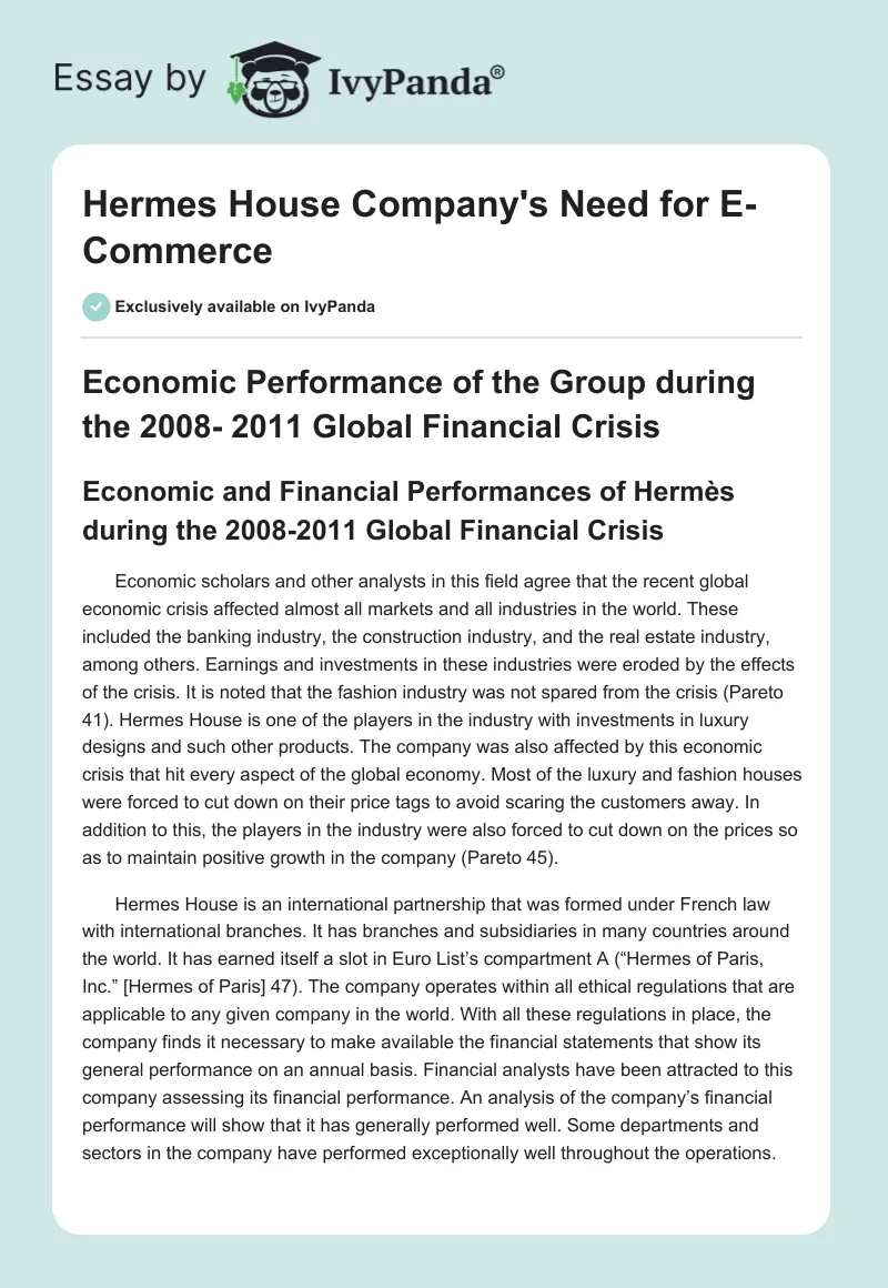 Hermes House Company's Need for E-Commerce. Page 1