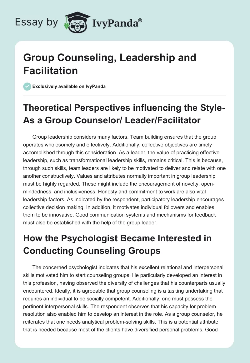 Group Counseling, Leadership and Facilitation. Page 1