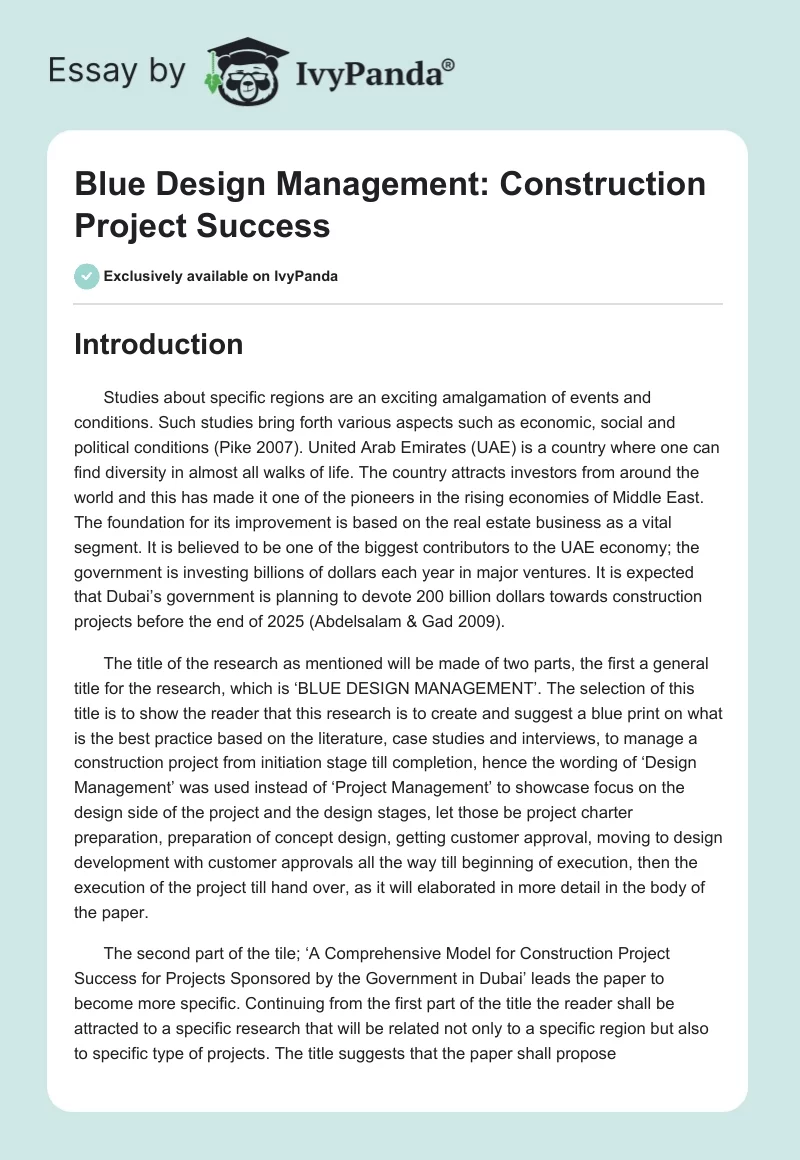 Blue Design Management: Construction Project Success. Page 1