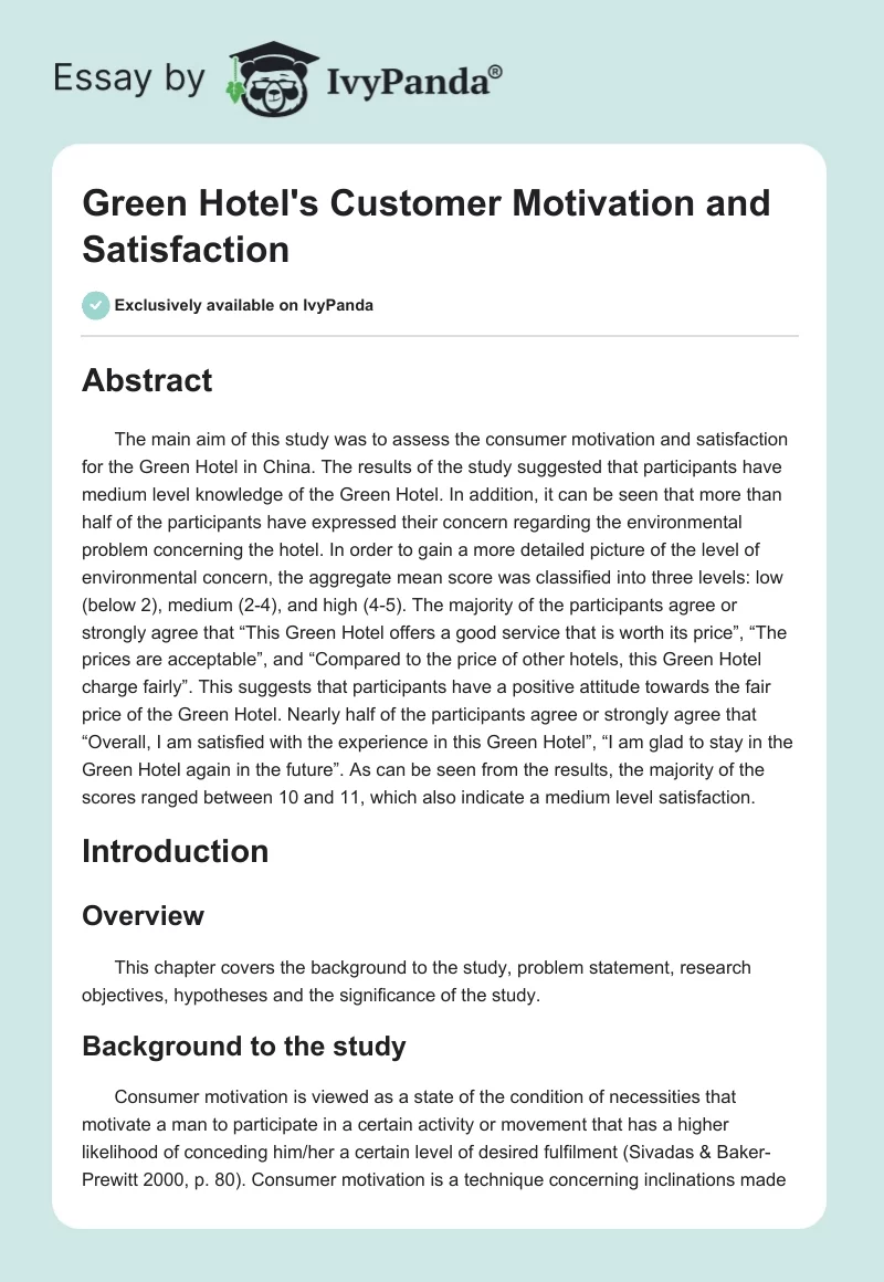 Green Hotel's Customer Motivation and Satisfaction. Page 1