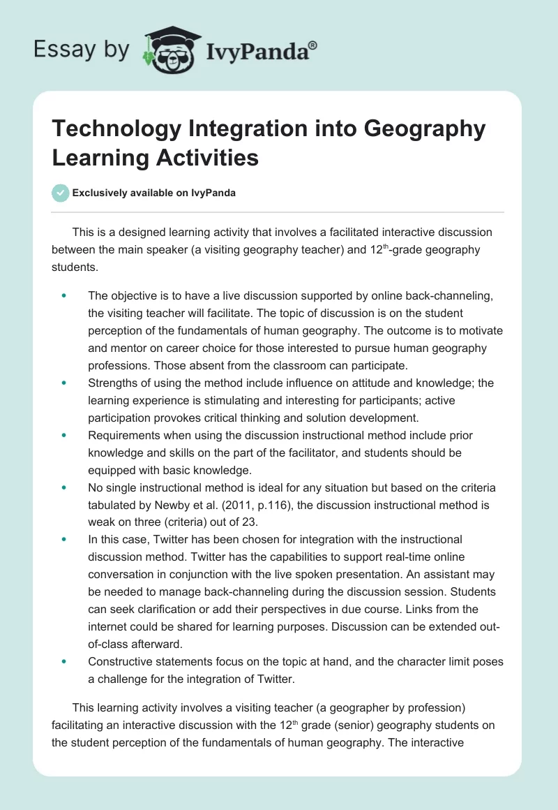 Technology Integration into Geography Learning Activities. Page 1