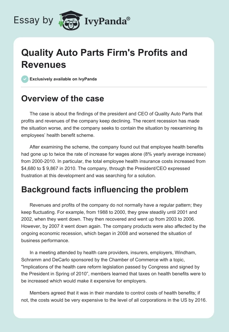 Quality Auto Parts Firm's Profits and Revenues. Page 1