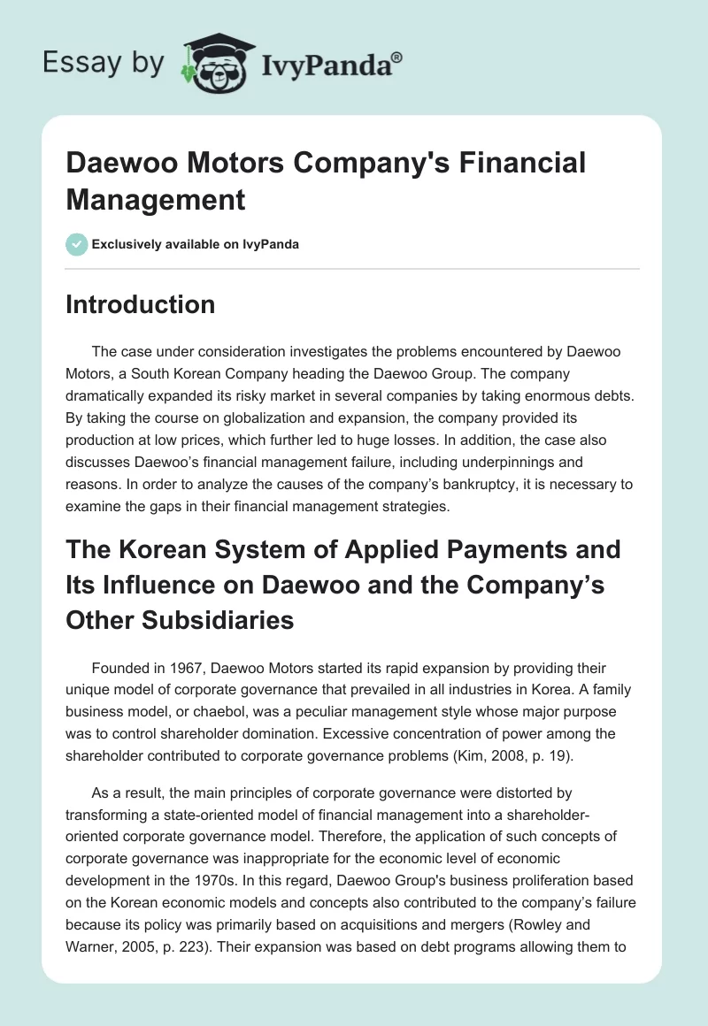 Daewoo Motors Company's Financial Management. Page 1