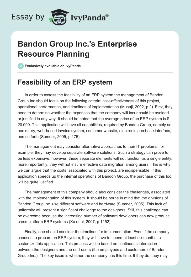 Bandon Group Inc.'s Enterprise Resource Planning. Page 1