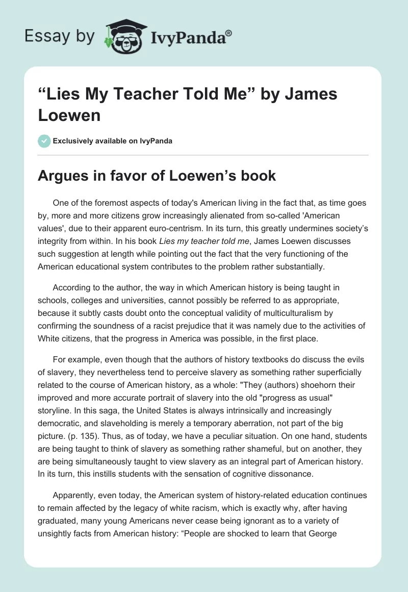 “Lies My Teacher Told Me” by James Loewen. Page 1