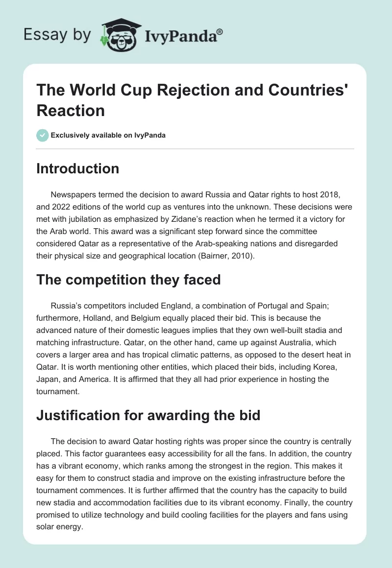The World Cup Rejection and Countries' Reaction. Page 1