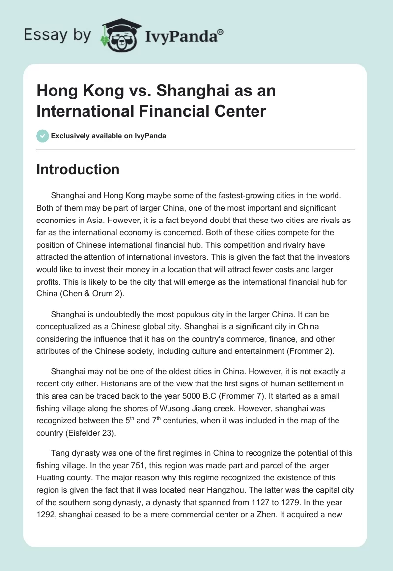 Hong Kong vs. Shanghai as an International Financial Center. Page 1
