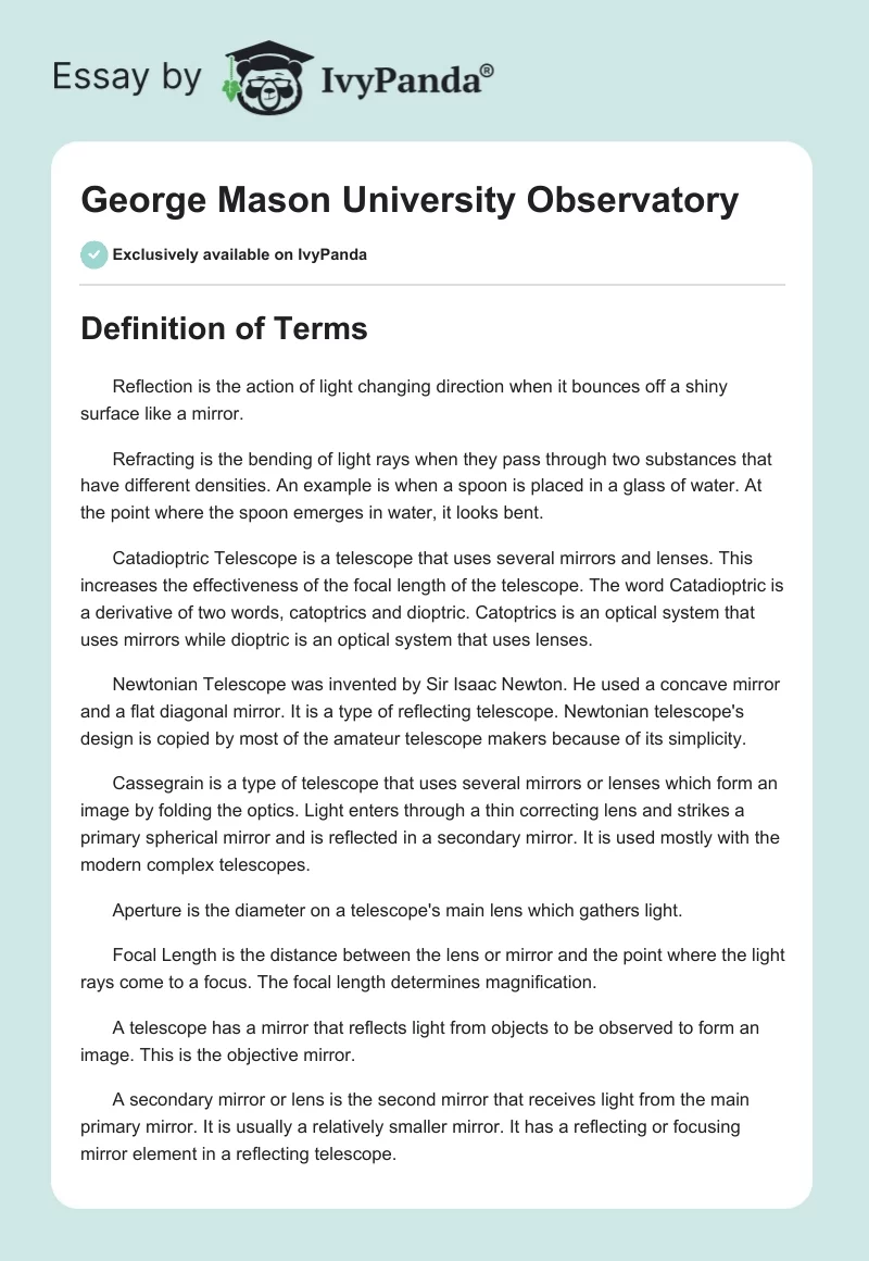 George Mason University Observatory. Page 1