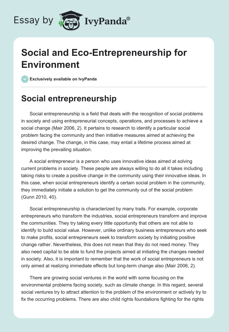 Social and Eco-Entrepreneurship for Environment. Page 1