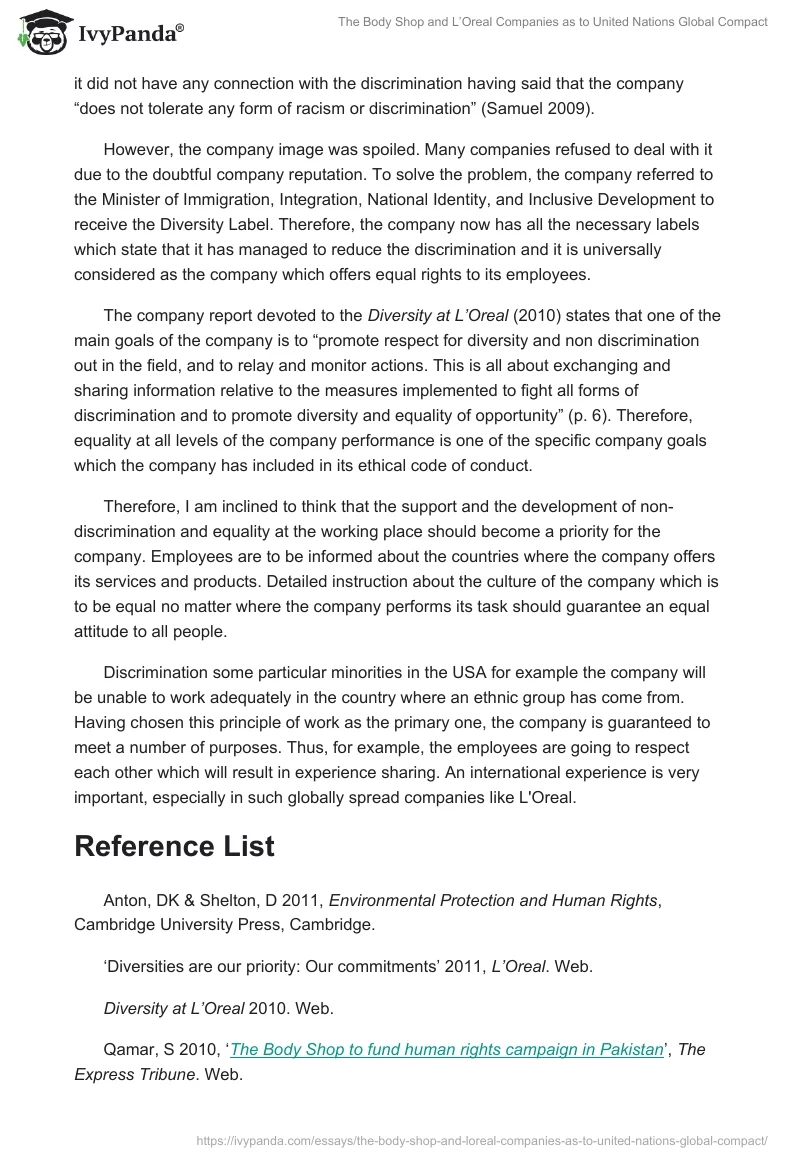 The Body Shop and L’Oreal Companies as to United Nations Global Compact. Page 3