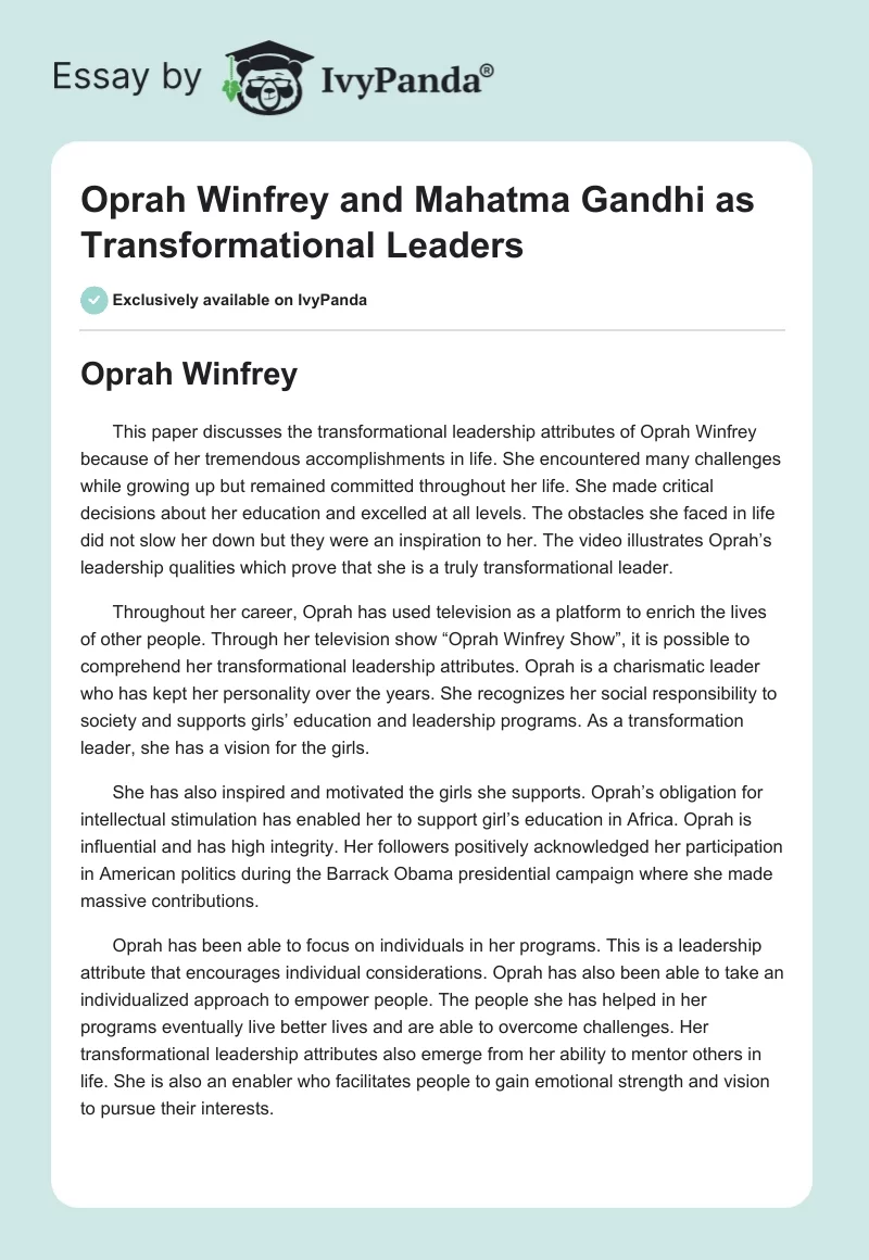 Oprah Winfrey and Mahatma Gandhi as Transformational Leaders. Page 1
