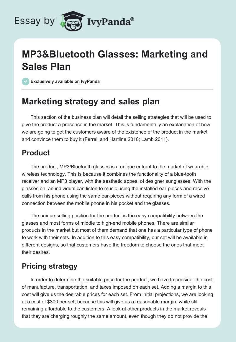 MP3&Bluetooth Glasses: Marketing and Sales Plan. Page 1