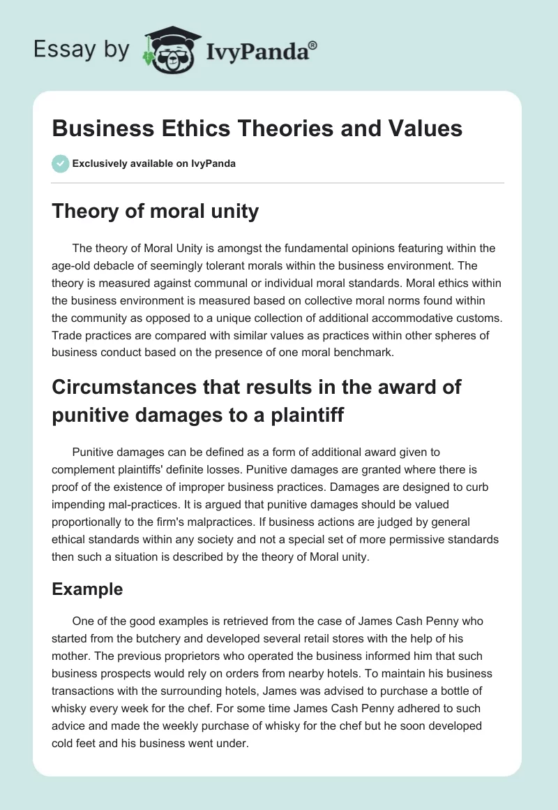 Business Ethics Theories and Values. Page 1