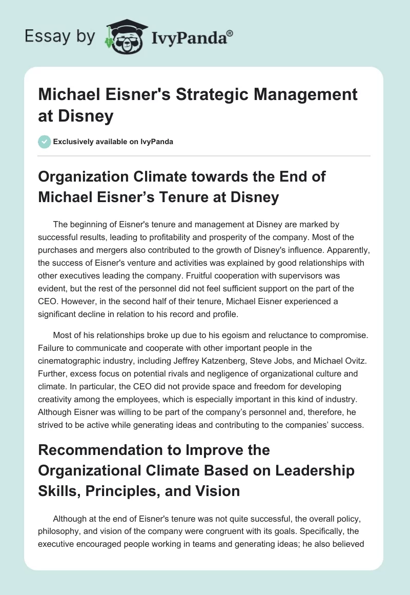 Michael Eisner's Strategic Management at Disney. Page 1