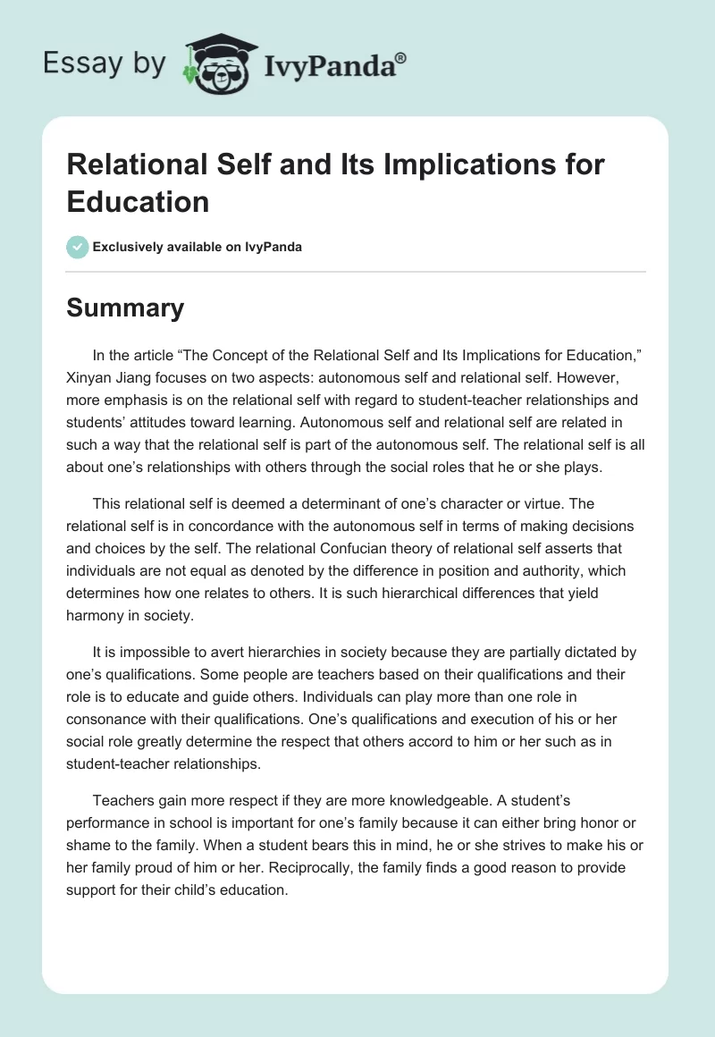 Relational Self and Its Implications for Education. Page 1