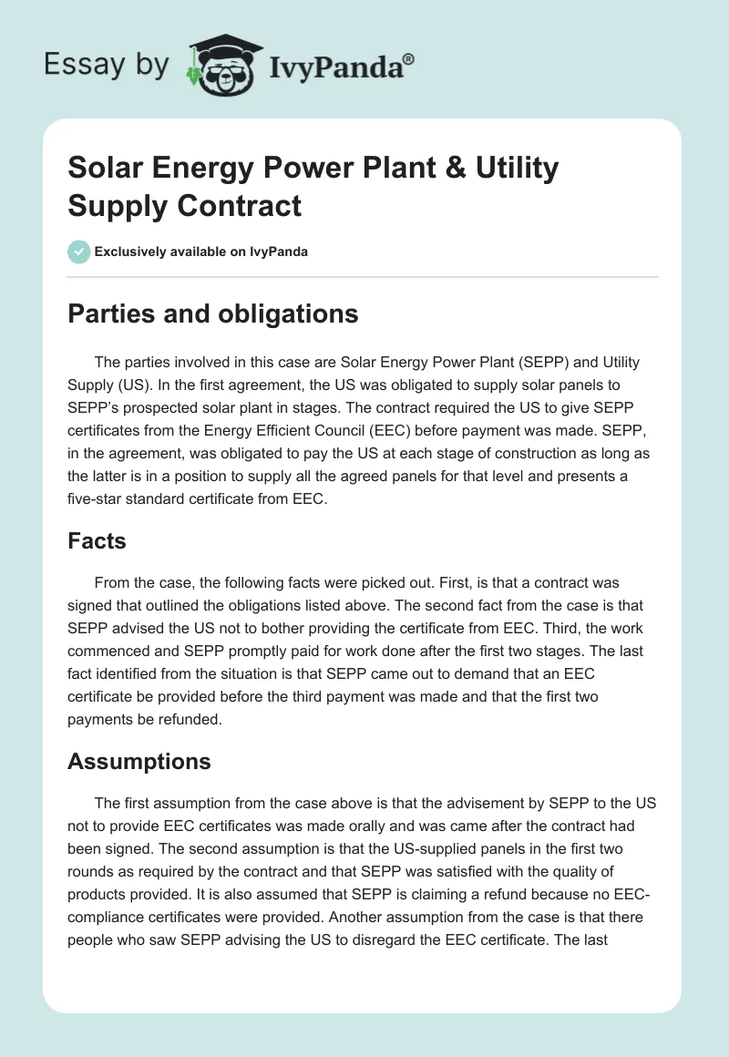Solar Energy Power Plant & Utility Supply Contract. Page 1
