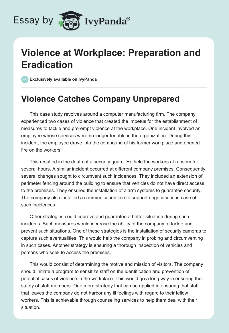 Violence at Workplace: Preparation and Eradication. Page 1