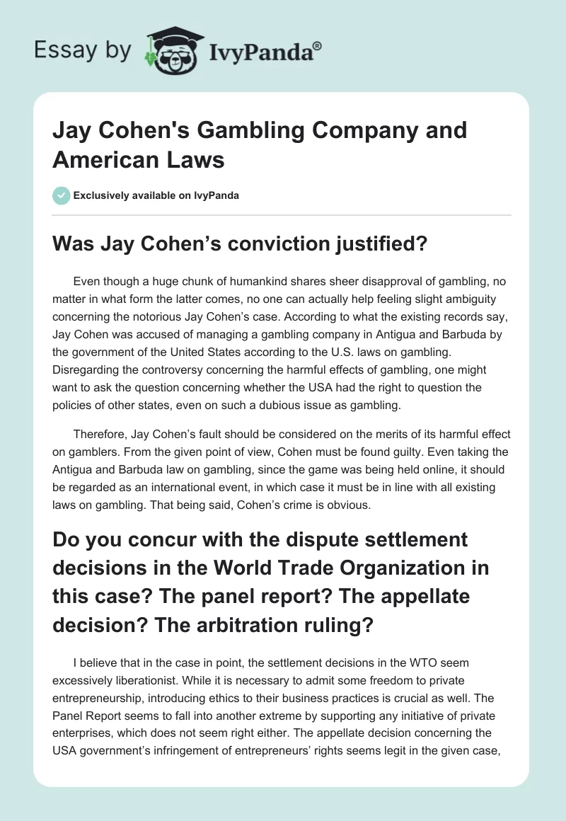 Jay Cohen's Gambling Company and American Laws. Page 1