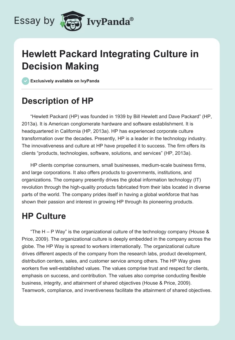 Hewlett Packard Integrating Culture in Decision Making. Page 1