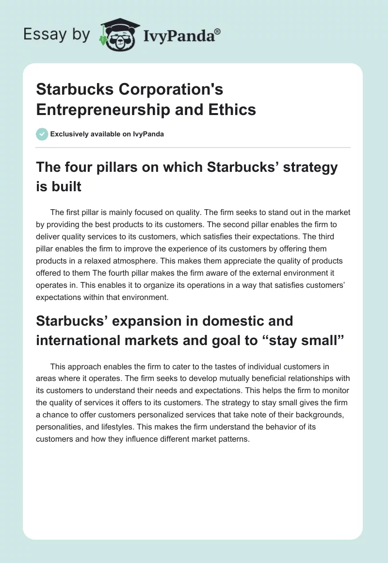 Starbucks Corporation's Entrepreneurship and Ethics. Page 1