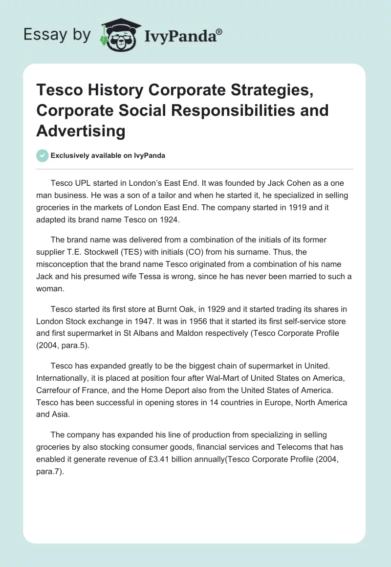 Tesco History Corporate Strategies, Corporate Social Responsibilities and Advertising. Page 1