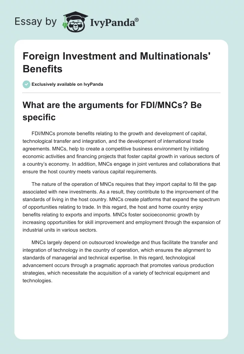 Foreign Investment and Multinationals' Benefits. Page 1