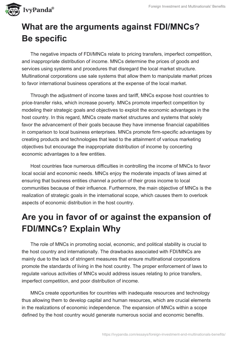 Foreign Investment and Multinationals' Benefits. Page 2