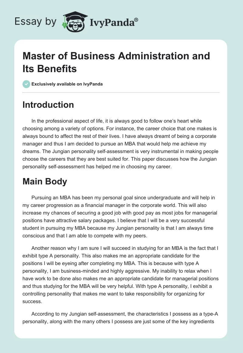 Master of Business Administration and Its Benefits. Page 1